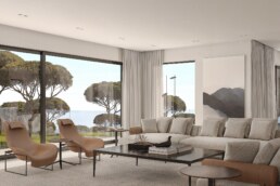 Light-filled living room with soft seating and views of the C&ocirc;te d&rsquo;Azur