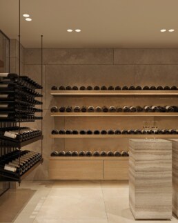 Temperature-controlled wine room with illuminated bottle shelving