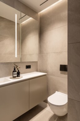 Ванна кімната з підвісною тумбою, дзеркалом і унітазом / Bathroom with a floating vanity, mirror and wall-hung toilet